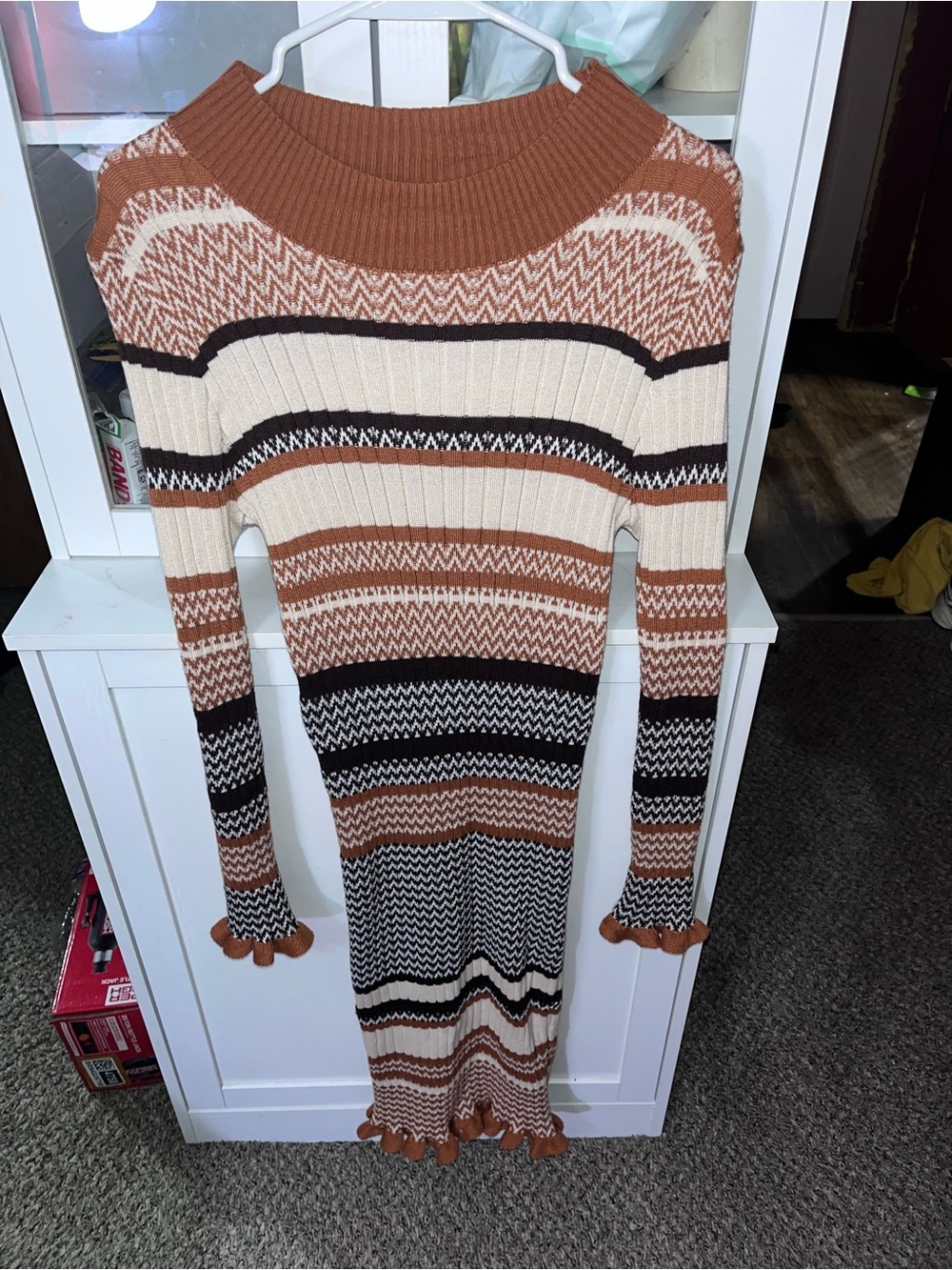 Ribbed Knit Striped Sweater Dress - Cream & Brown Women’s M